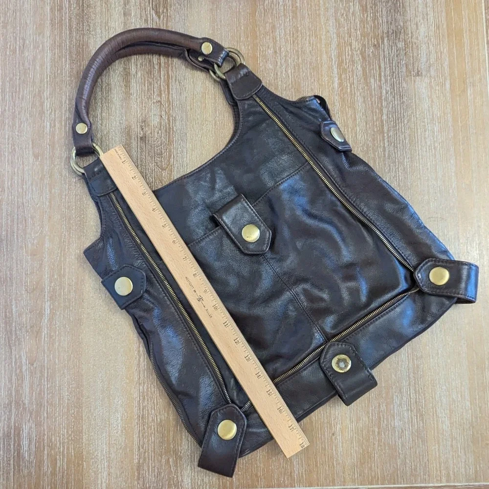 APC Brown Leather Hobo Shoulder Bag Brass Hardware Zipper Detail Expandable Tote